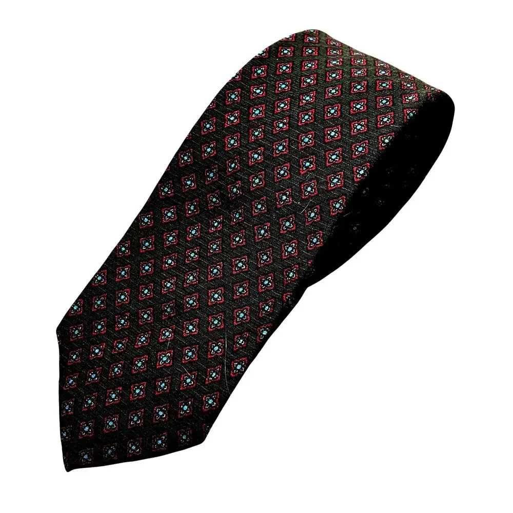 Liberty of London wool blend neck tie dark brown red & blue geometric classic
